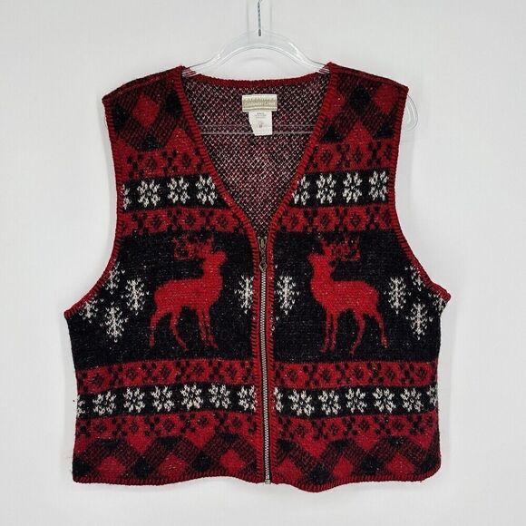 Vintage Coldwater Creek Reindeer Vest Zip Front 100% Wool Red Black Womens Large - Picture 1 of 6